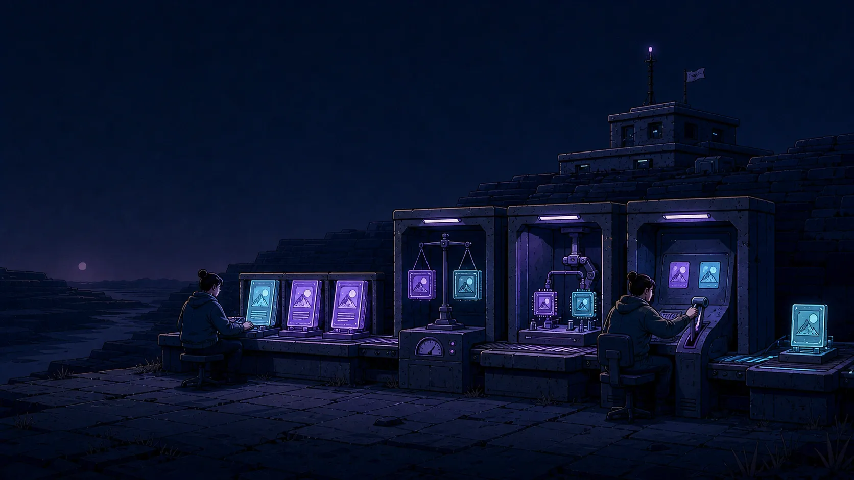 An illustrated testing station comparing and scoring AI outputs