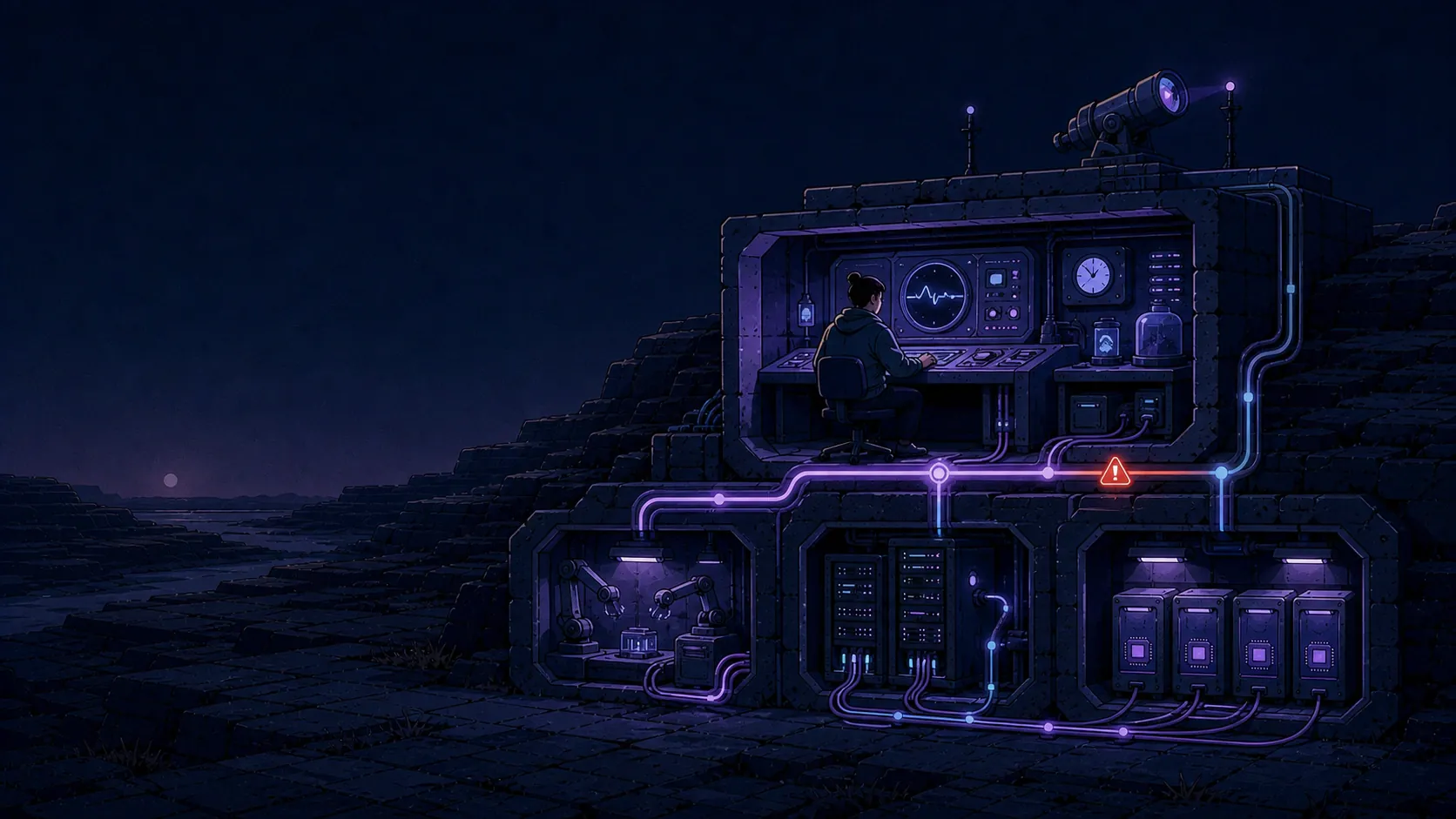 An illustrated operator observing AI workload signals from a night-time monitoring station