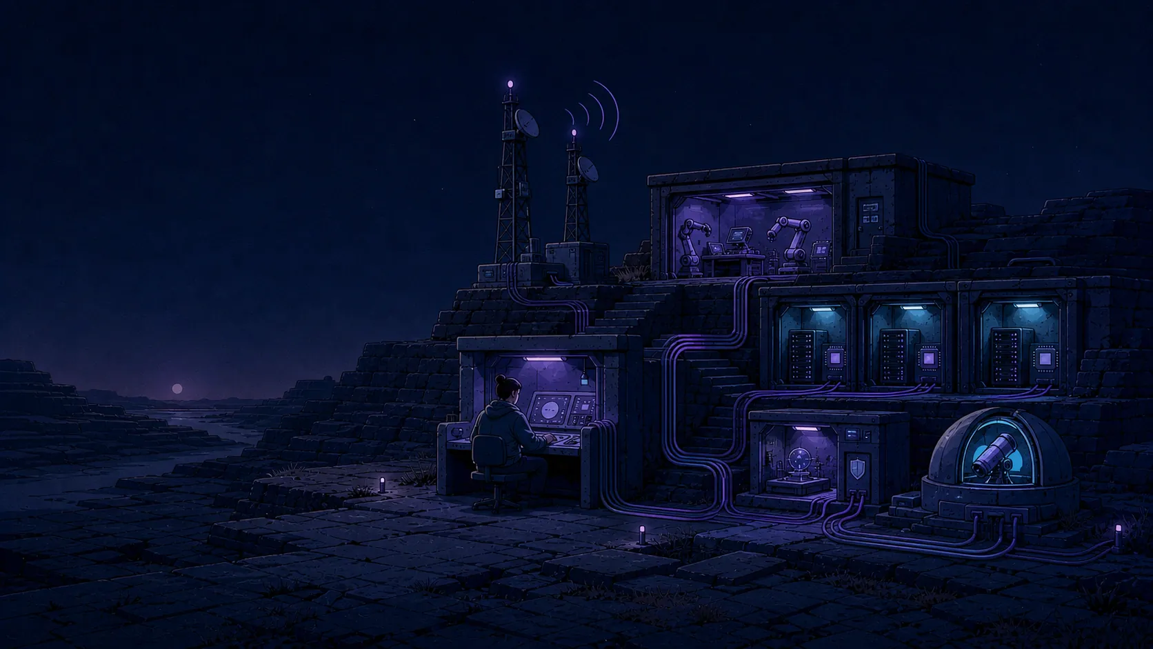 An illustrated operations outpost connecting AI models, agents, isolated compute, policy, and telemetry