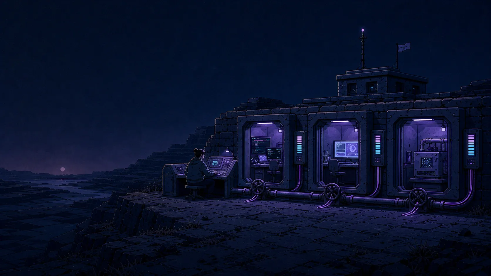 An illustrated operator supervising separate protected compute rooms